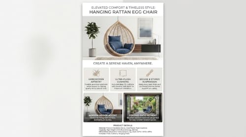 Image of UNIVERSAL FURNITURE Hanging Egg Swing Chair with Stand, Woven Wicker Rattan Style Swing with Cushion, Freestanding Indoor Outdoor Hanging Chair for Patio, Balcony, Garden & Porch (Beige & Blue)