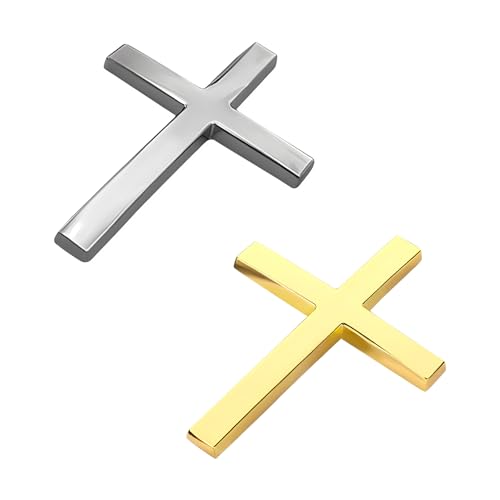 Image of 2 PCS Metal Christian Cross Emblem Stickers, 2.5 inchx1.8 inch Alloy 3D Car Cross Sticker Badge, Self-Adhesive Emblem Decal Decoration for Auto Trunk Tailgate Fenders, Car Exterior Decal (Silver+Golden)