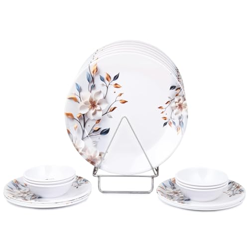 Image of Golden Fish Melamine Printed Dinner Set 24 Pieces | BPA-Free & Dishwasher Safe | Durable & Stylish | Floral Print | Crockery Set for Dining & Gifting | Plates & Bowls for Daily Use (White & Blue)
