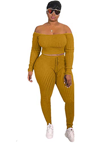 WOKANSE Women's Sexy 2 Pieces Outfits Off Shoulder Long Sleeve Crop Top Long Pant Bodycon Skinny Jumpsuit Romper Yellow