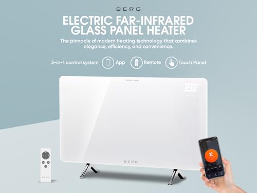BERG Ultra-Slim Glass Infrared Panel Heater – Smart Electric Heater with Wi-Fi & Remote Control, 12mm Frameless Design, Wall Mounted or Free-Standing, Energy Efficient Room Heating (White, 720W)
