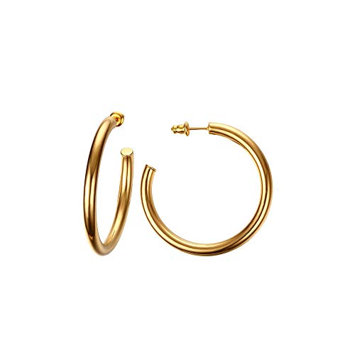 Chunky Tube Hypoallergenic Large Big Hoop Earrings for Women 14K Gold Plated Fashion Dainty Thick Classic Round Huggie Studs Open Half Hoops Lightweight Jewelry Gifts for Birthday Bff Mom