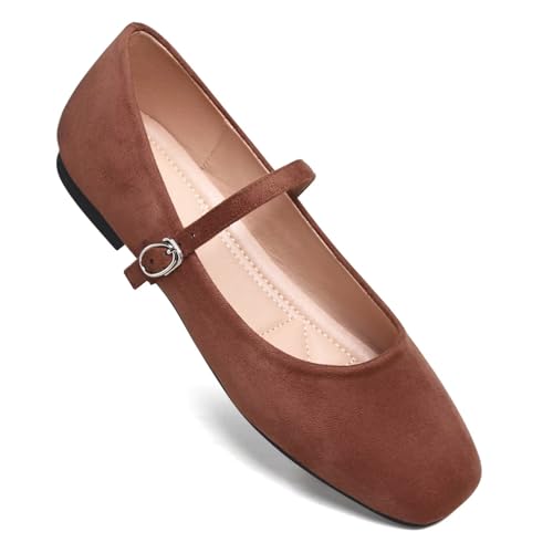 Image of TN TANGNEST Leather Flats for Women Retro Mary Jane Flats | Comfortable Square Toe Slip On Flats with Buckle Strap, Soft Work Flats Office Shoes