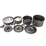Ensemble complet d'ustensiles de cuisine de camping : cet ensemble d'ustensiles de cuisine portables comprend une poêle à frire, une grande casserole, une petite casserole, une cuillère, une cuillère à riz, cinq bols en plastique, deux assiettes en plastique et un bassin, offrant tout ce dont vous avez besoin pour la cuisine en plein air.