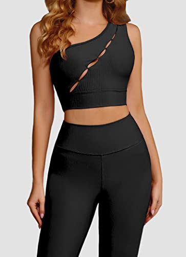 Workout Sets For Women Cut Out One Shoulder Seamless Sports Bra High Waisted Leggings Black M #TOP2
