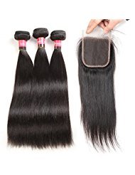 West Kiss Brazilian Silky Straight Hair 3 Bundles With 4x4 Free Part Lace Closure Grade 8A 100% Unprocessed Human Hair Natural Color (18 18 20 & 14 inch)