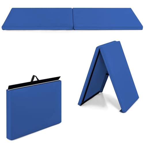 GYMAX Tappetino da Yoga/Fitness Materassino per Ginnastica, Spesso 5 cm, Manico Portatile e Pieghevole, 180 x 60 x 5 cm (Blu)