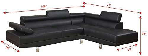 GTU Furniture L Shape Faux Leather Sectional Sofa Set, Living Room Sectional Set with Right Facing Irreversible Chaise (Black)
