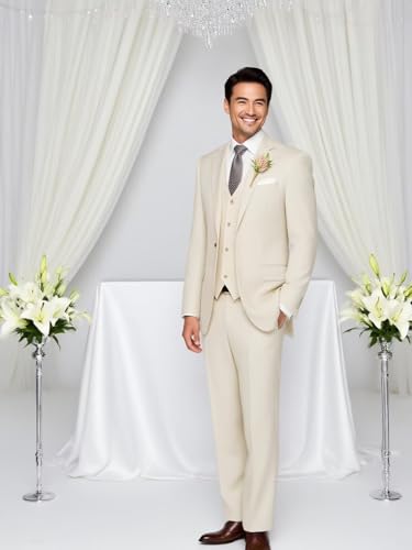 Cream 3 Piece Mens Suits Slim Fit Elegant Formal Suit Evening Dinner Party Suit Single Breasted Three Pieces Men's Suits 3 Piece Tuxedo Set Size 4XL3