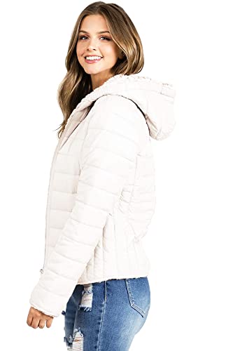 Love Tree Women's Juniors Reversible Hooded Teddy Bear Slim Puffer Jacket3
