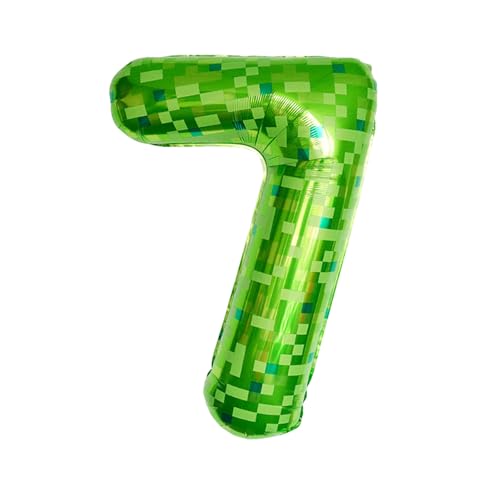 40" Green Pixel Miner Number 7 Balloon, Large MIning Foil Metallic Balloons Video Game Themed Party Decorations