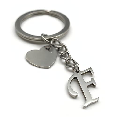 EVEMATE Portachiavi Lettera con cuore - Iniziale A-Z nome lettere - Ciondolo in acciaio inossidabile fatto a mano - Regalo partner fidanzato fidanzata (F)
