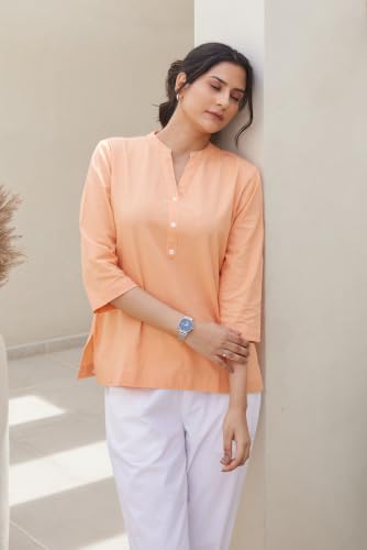 Image of SAADAA Women Short Kurti Airy Linen Regular Fit Kurta with 3 /4th Sleeves, Mandarin Collar, Side Slit Perfect for Casual, Formal, and Ethnic Wear