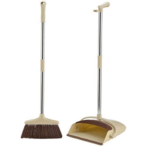 Image of ROUMYKS Broom and Dustpan Set Stand Up Broom Head and Dust Pan Combo, Remove Hair with Built-in Wisp Scraper - Kitchen, Outdoor, Hardwood Floor (Beige)