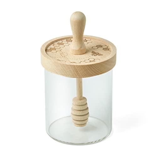 Talisman Designs Tarro de cristal para miel con tapa de madera de haya grabada con láser y cucharón de miel integrado, colección Honey Bee, juego de 1