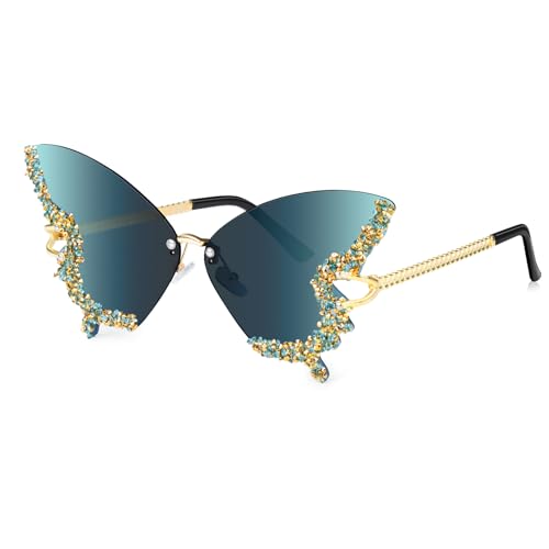 Becellen Rahmenlose Sonnenbrille Schmetterling Diamond Damen Sonnenbrille Vintage Modische Getönte Sunglasses UV-Schutz Rave Festival Sonnenbrillen