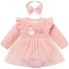 IMEKIS First Birthday Outfit Girl 1st Smash Cake Photoshoot Baby Toddler Fall Winter Long Sleeve Dress Boho Romper Velvet Thanksgiving Tutu Ruffle Embroidery Light Pink Goose One 9-12 Months