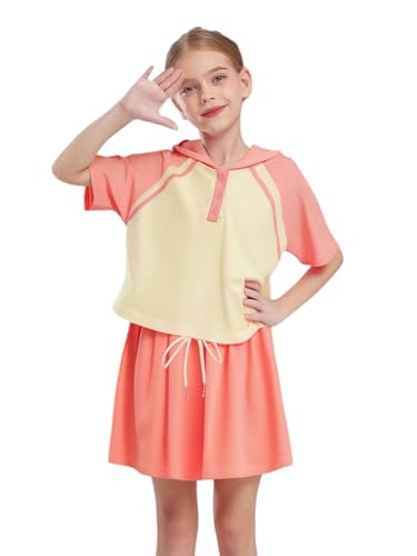 Kids Girls 2 Piece Athletic Outfit Short Sleeve Hooded Top & Mini Skirt for Sports Casual Wear Pink 7 Years