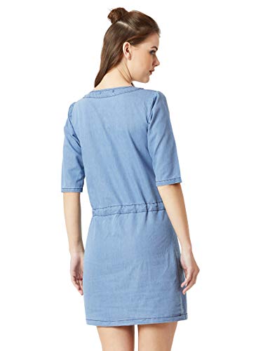 Image of Miss Chase Women's Polo Neck Rolled Up Full Sleeve Denim Solid Buttoned A-Line Mini Dress