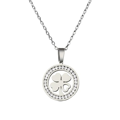 Collier à quatre feuilles en argent 925 avec pendentif cœur en cristal pour fille et femme