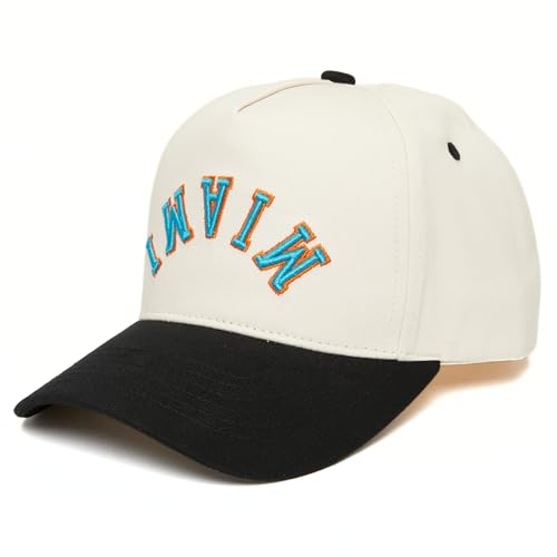 Funky Junque Retro Miami Hat Baseball Cap with Upside Down City Arched Embroidery Unisex Adjustable Snapback for Football Tailgating Game Day Miami (Black/Beige)