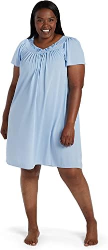 Miss Elaine Women's Short Tricot Nightgown, Flutter Sleeves and Premium Lightweight Fabric, Embroidered Neckline