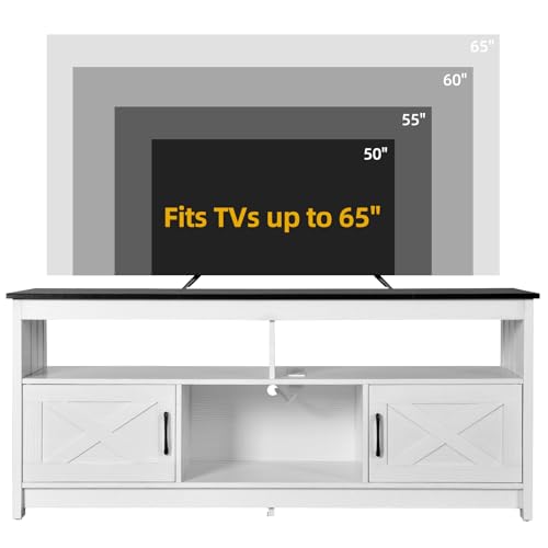 DWVO Farmhouse TV Stand for Television up to 65 Inch, Entertainment Center with Power Outlets and Open Shelf, Rustic TV Cabinet Media Console Table for Living Room, White/Black, 59 Inches