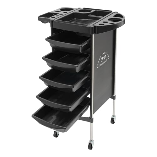 WOLEGM Friseurwagen mit Rollen, 36 * 85.5cm 5 Schubladen Salon Rollwagen Rechteckig mit Mehrere Aussparungen für Friseurbedarf, Schmuck, Kosmetika, Schwarz