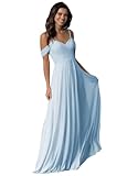 HYEC7 Women's Long Off Shoulder Chiffon Bridesmaid Dresses A Line Pleated Formal Evening Party Gowns with Pockets Sky Blue