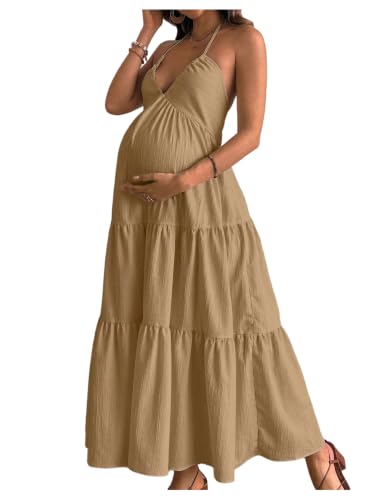 OYOANGLE Women's Maternity Dress Pregnancy Halter Flowy Baby Shower Dress