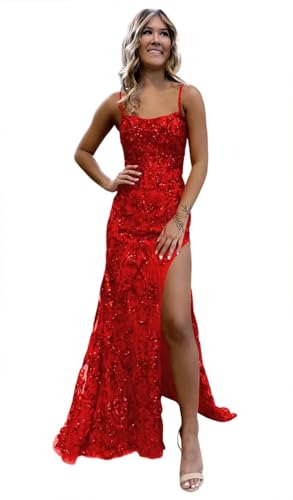 Sparkly Sequin Mermaid Prom Dress 2025 with Slit for Women Spaghetti Straps Evening Formal Gown RA004B