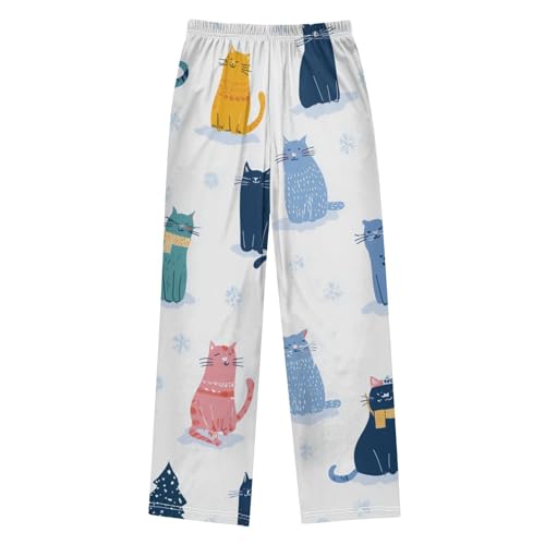 Cat Snowflakes Boys Long Pants Soft Trousers Elastic Waist Kids Lounge Bottoms with Pockets S-XL2