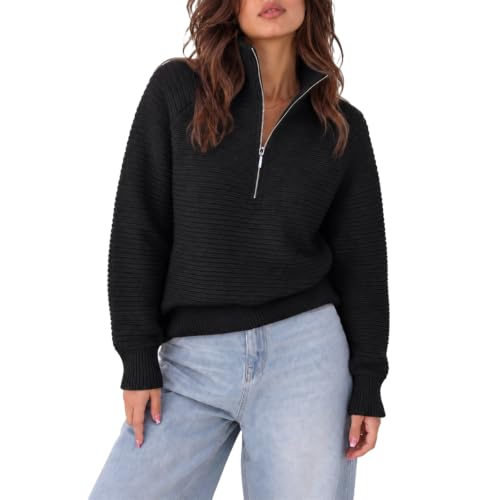 Striped Sweater Women 1/4 Zip Pullover Knit Sweater Long Sleeve Shirt - image 1