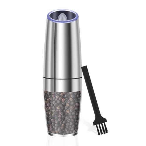 Hevtsde Salt Grinder Set Stainless Steel Salt Shakers Set Auto Operated Salt Mill Set Adjustable Coarseness Electric Salt Grinder with LED Light(Grey)