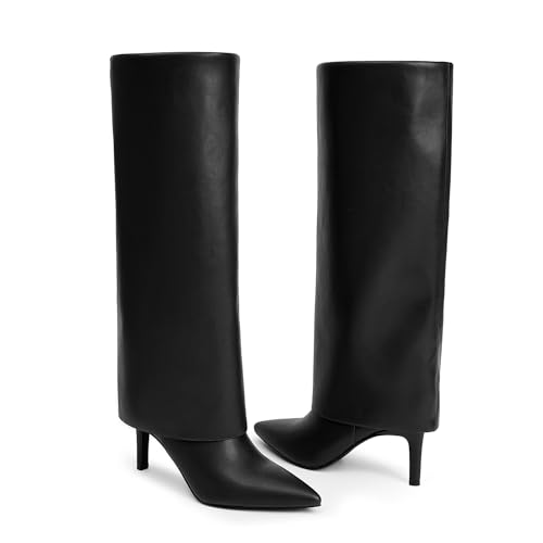 Knee High Boots Women Fold Over Boots Pointed Toe Stiletto Heel Long Shark Tall Boots with Zipper2
