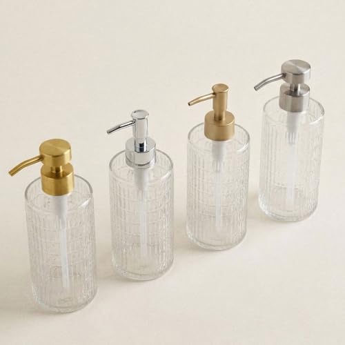 Image of Fluted Glass Hand Soap Dispenser with Slim Silver Pump for Bathroom, 17oz | Vintage Art Deco Reeded Glass, Refillable Clear Ribbed Bottle, Rust-Proof Pump, for Kitchen Countertop
