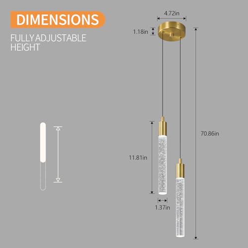 Image of Modern Light Fixture Kitchen Island Pendant Light Dimmable LED Gold Pendant Lights Mini Crystal Pendant Lighting for Bedroom Dining Room Living Room（2-Light ）
