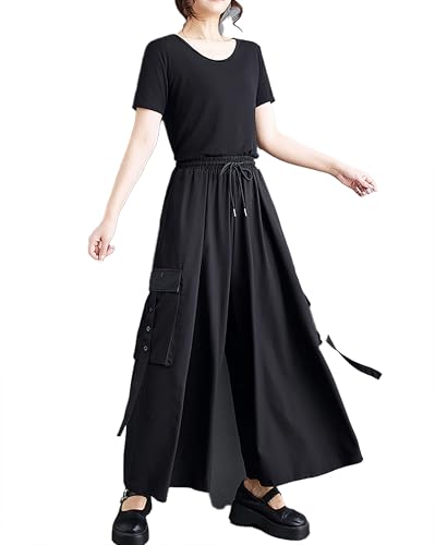 ellazhu Women's Pants Drawstring Solid Wide Leg Flowy Hem Casual Loose GZ417 A