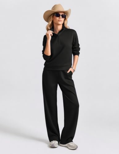 PINSPARK 2 Piece Lounge Sets for Women Half Zip Sweatsuit, Black Petite L — view 4