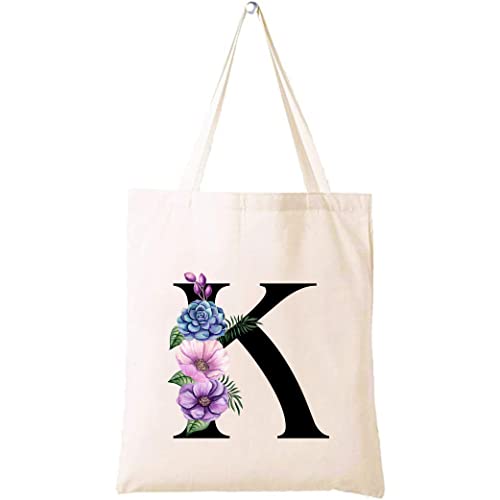 Eco-Friendly Canvas Cotton Tote Bag with Floral Design on Initial Letters Printed Bridesmaids Bags for Women- Reusable Shopping Bag, Party Gift Idea and Cotton Gift Bag