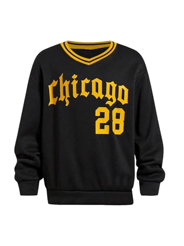 WDIRARA Boy's Letter Print Long Sleeve Sweatshirts V Neck Drop Shoulder Casual Pullover Tops