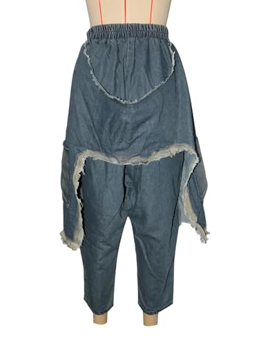 Women's Denim Harem Pants Elastic Waist Patchwork Jeans Ripped Hippie Cropped Denim Jogger Pants with Pockets4