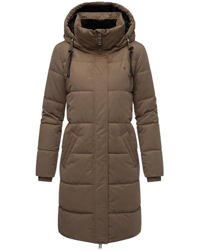 Navahoo Damen Steppmantel warm Wintermantel mit hohem Kragen und abnehmbarer Kapuze Wintertanz 14 Stone Brown Gr. M