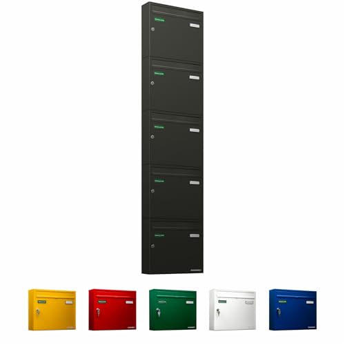 AL Briefkastensysteme Basic 5er Briefkasten DB 703 Eisenglimmer Grau 5 Fach DIN A4 wetterfest Briefkastenanlage mit Posthaltebügel und 2 Namensschildern