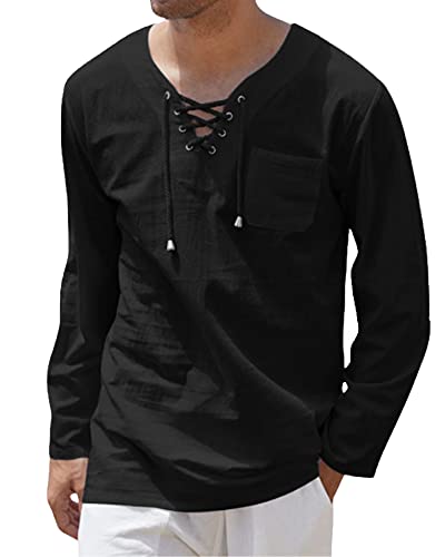 NANAMEEI Henley Camisa de verano para hombre de manga larga de lino para hombre con cuello en V, con cordones, color caqui M Cover