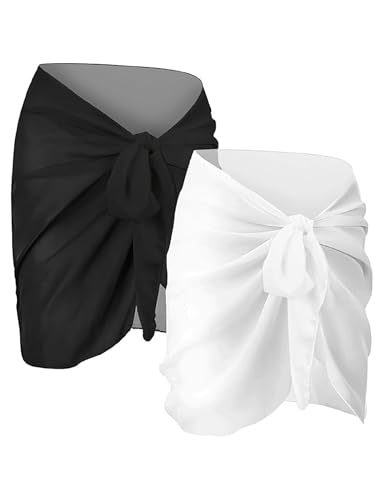 joyliveCY 2PCS Sarong Wraps for Women, Beach Cover Ups for Women, Chiffon Sarong Swimsuit Coverup for Pool, Summer Wear (Black+White,M)
