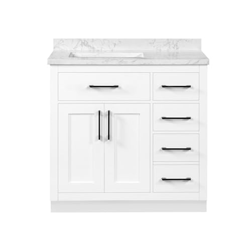 Image of OVE Decors Athea 36 in. Single Sink Freestanding White Bathroom Vanity with White Engineered Marble Top, Matching Backsplash, Power Bar and Matte Black Hardware