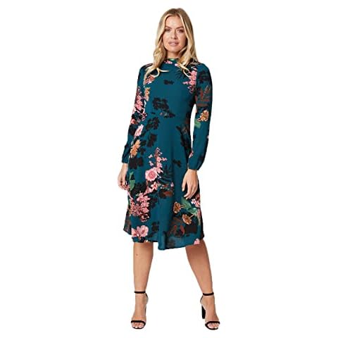 Izabel London High Neck Midi Dress for Women UK with Round Neck Long Sleeves and A-Line Skirt Teal Cover