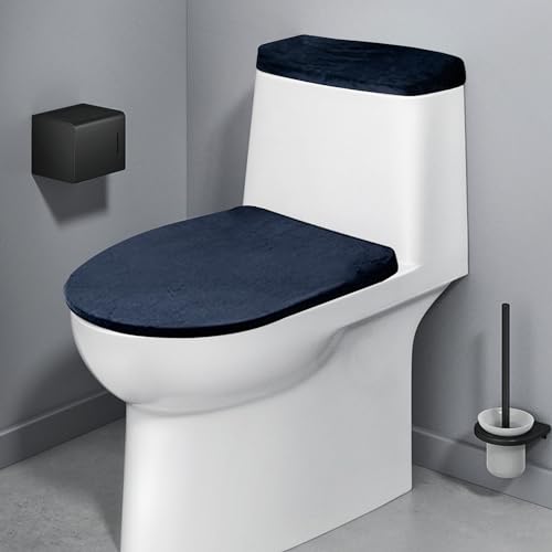 Velvet Toilet Lid Cover and Toilet Tank Lid Cover, Stretch Super Soft Toilet Protector Cover Fits Most Toilet Tanks and Lids(Navy blue)