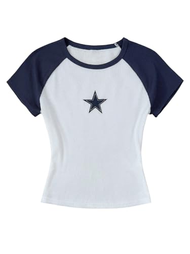 Girl's Star Patchwork Color Block Crop Tops Short Sleeve Crew Neck Ribbed T Shirts